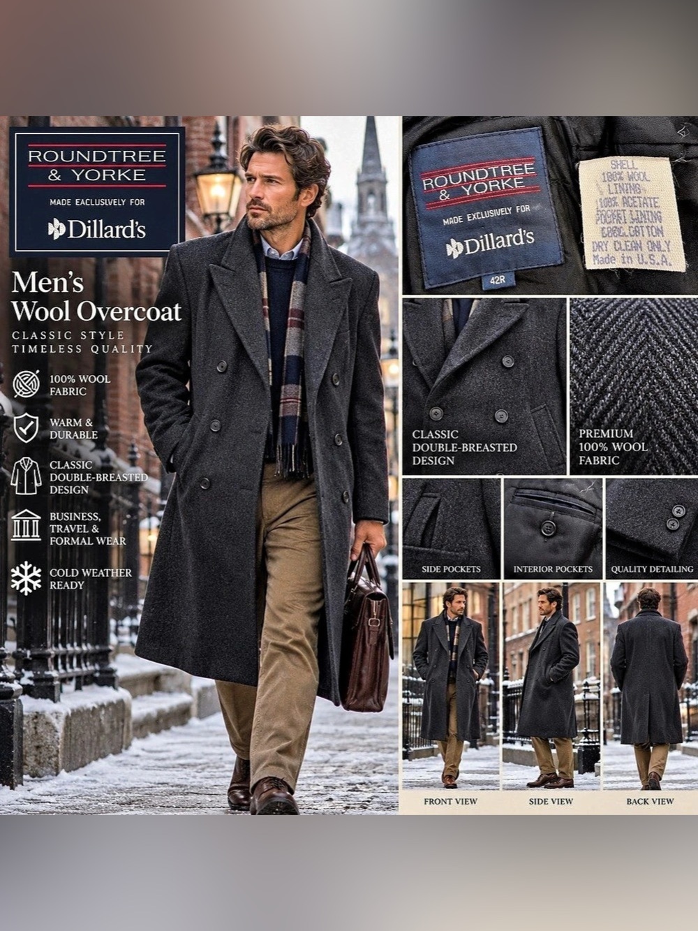 Roundtree & Yorke Men's Wool Pea Coat Size 42R